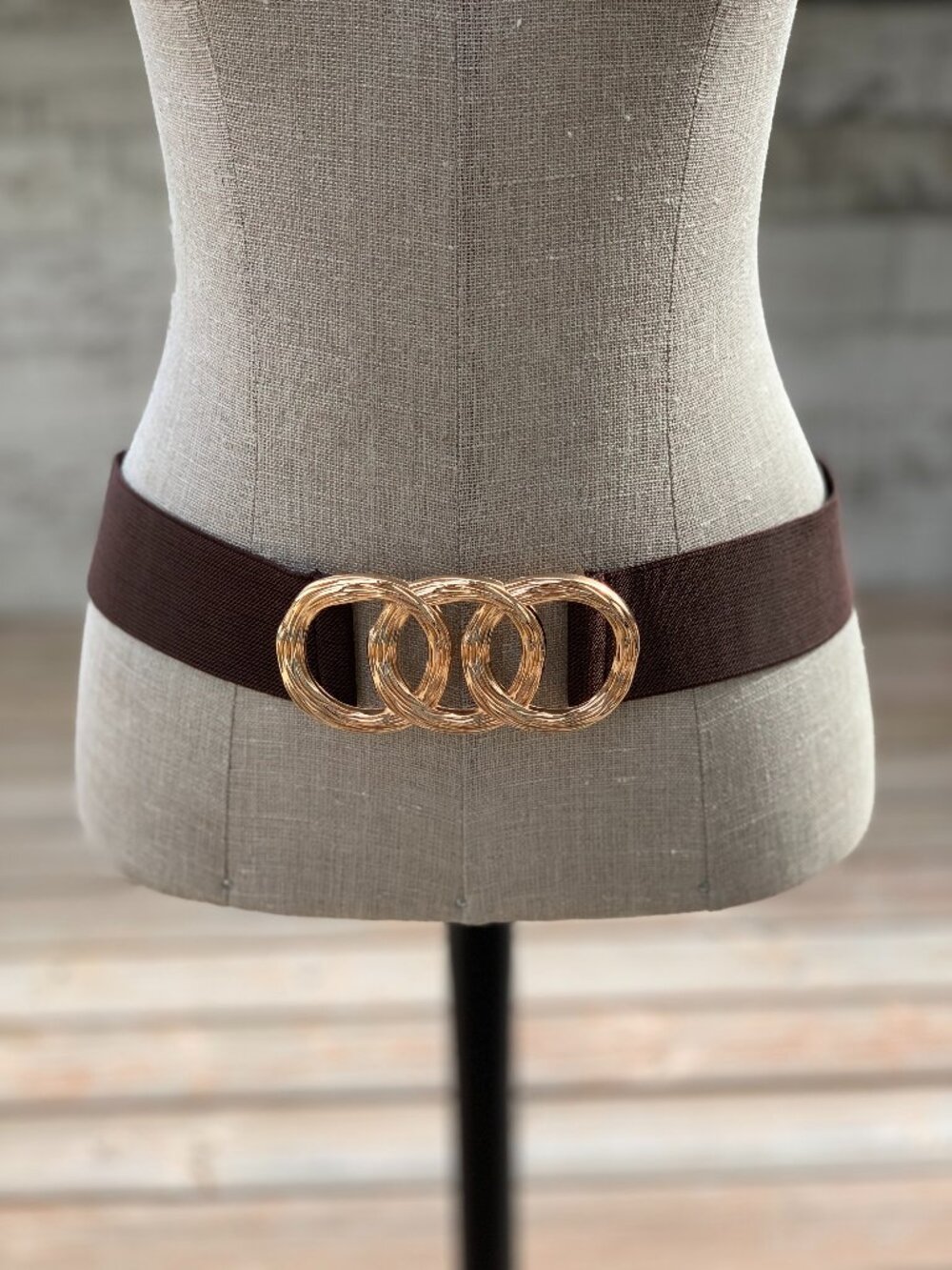 Vintage Wide Statement Cinch Waist Belt M Brown Elastic Gold Glam Buckle 80s 90s